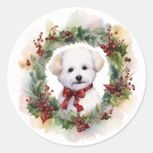 Bichon Frise Christmas Wreath Festivals Runder Aufkleber (Vorderseite)