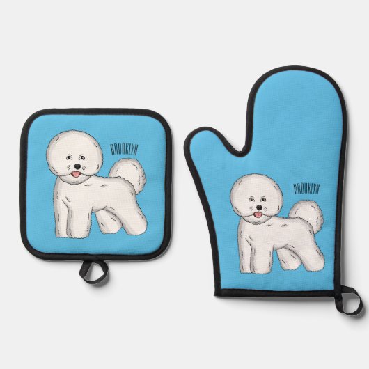 Bichon frise dog Cartoon Illustration Ofenhandschuh & Topflappen-Set (Vorderseite)