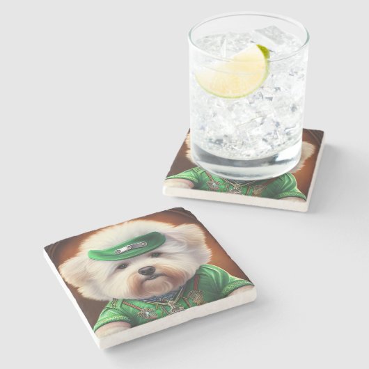 Bichon Frisé Dog Fahrrad St. Patrick's Day Steinuntersetzer (Seitenansicht)