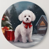 Bichon Frise Dog in Schnee Weihnachten Button (Vorderseite)