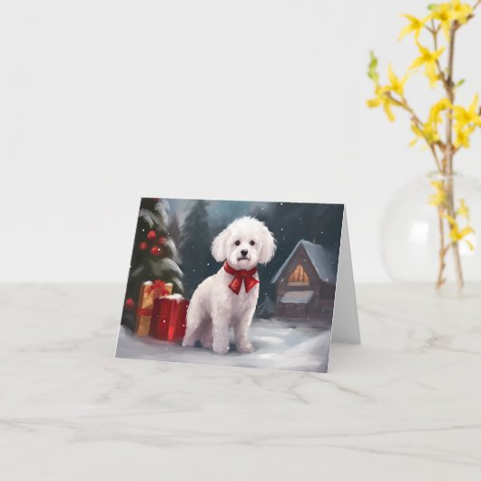 Bichon Frise Dog in Schnee Weihnachten Karte (Gelbe Blume)