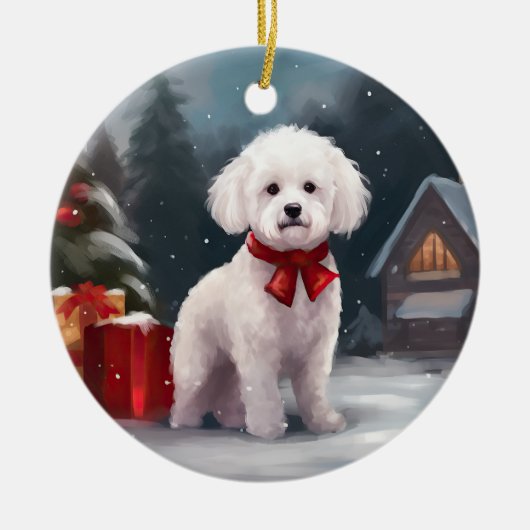 Bichon Frise Dog in Schnee Weihnachten Keramik Ornament (Vorne)