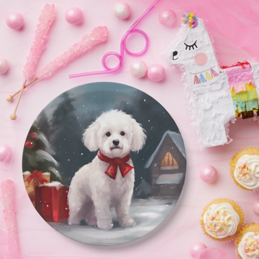 Bichon Frise Dog in Schnee Weihnachten Pappteller (Party)
