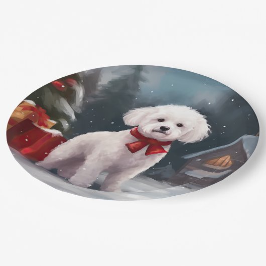 Bichon Frise Dog in Schnee Weihnachten Pappteller (Schrägansicht)
