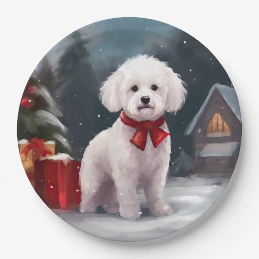 Bichon Frise Dog in Schnee Weihnachten Pappteller (Vorderseite)
