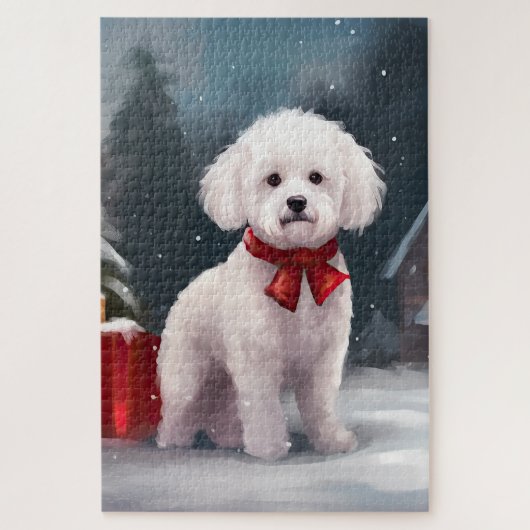 Bichon Frise Dog in Schnee Weihnachten Puzzle (Vertikal)