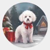Bichon Frise Dog in Schnee Weihnachten Runder Aufkleber (Vorderseite)