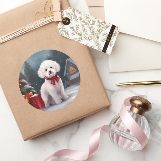 Bichon Frise Dog in Schnee Weihnachten Runder Aufkleber (Schenken)