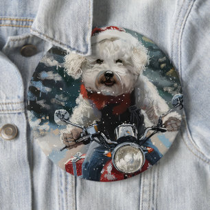 Bichon Frise Dog Riding Motorrad Weihnachten Button