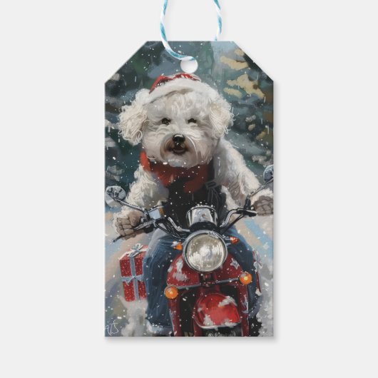Bichon Frise Dog Riding Motorrad Weihnachten Geschenkanhänger (Vorderseite)