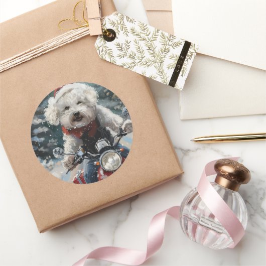 Bichon Frise Dog Riding Motorrad Weihnachten Runder Aufkleber (Schenken)