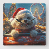 Bichon Frise Dog Roller Untersetzer Weihnachten Quadratische Wanduhr (Vorderseite)