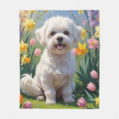 Bichon Frise Dog Spring Blumen Malerei Fleecedecke (Vorderseite)