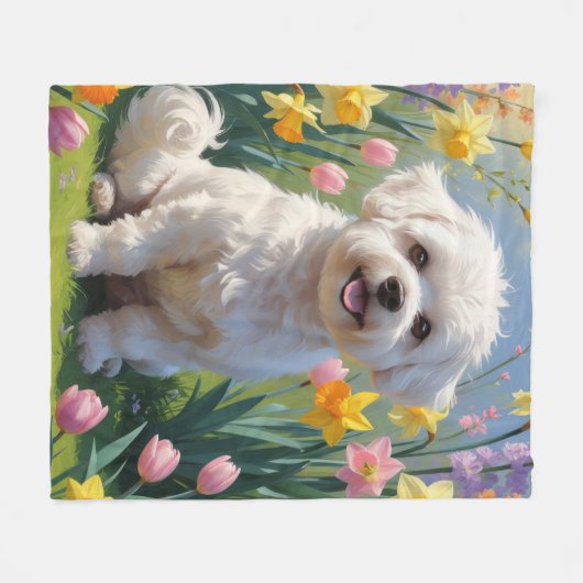 Bichon Frise Dog Spring Blumen Malerei Fleecedecke (Vorderseite (Horizontal))