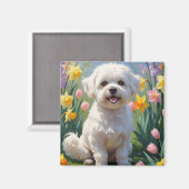 Bichon Frise Dog Spring Blumen Malerei Magnet (Vorderseite/Rückseite)