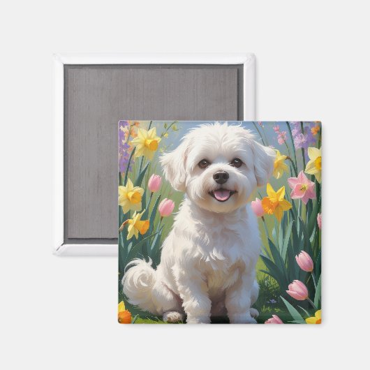 Bichon Frise Dog Spring Blumen Malerei Magnet (Vorderseite/Rückseite)