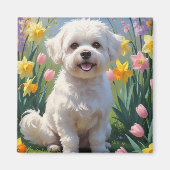 Bichon Frise Dog Spring Blumen Malerei Magnet (Vorne)