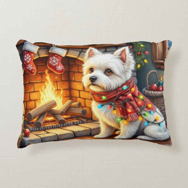 Bichon Frise Fireplace with Christmas Lights Dekokissen (Vorderseite)