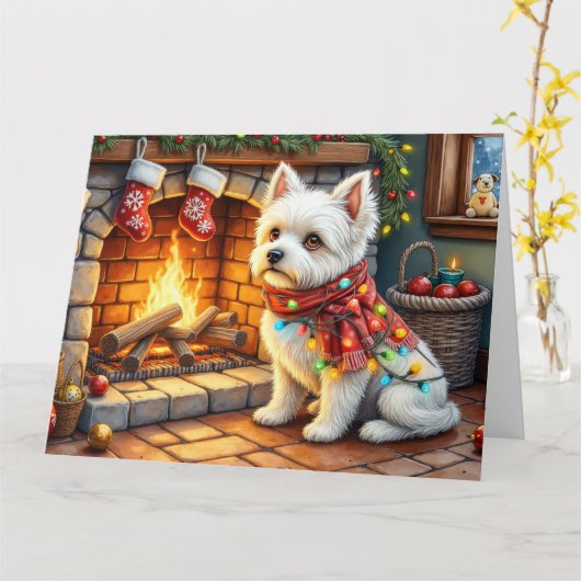 Bichon Frise Fireplace with Christmas Lights Karte (Gelbe Blume)