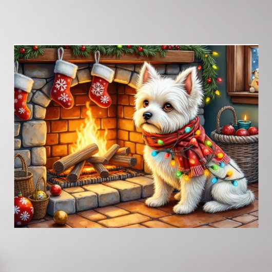 Bichon Frise Fireplace with Christmas Lights Poster (Vorne)