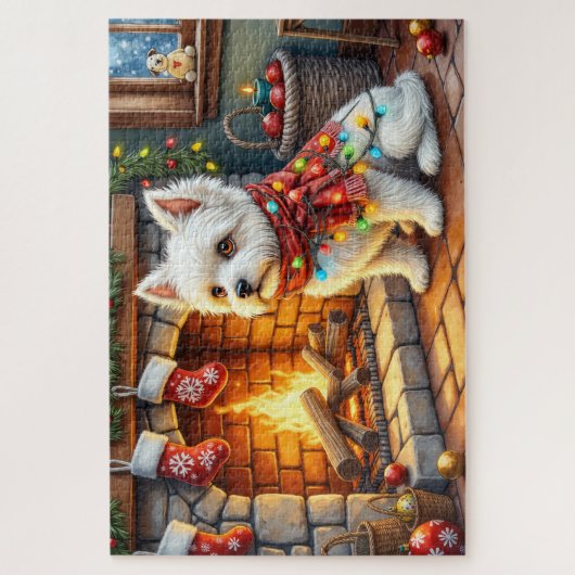 Bichon Frise Fireplace with Christmas Lights Puzzle (Vertikal)