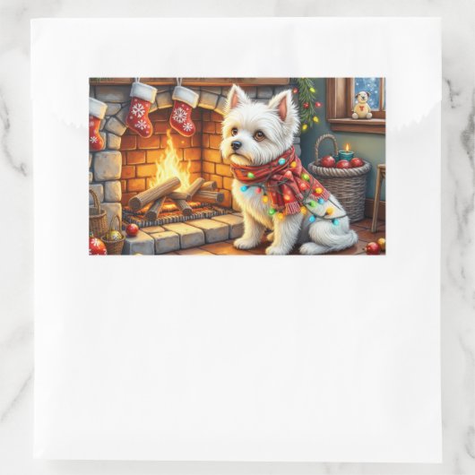 Bichon Frise Fireplace with Christmas Lights Rechteckiger Aufkleber (Tasche)