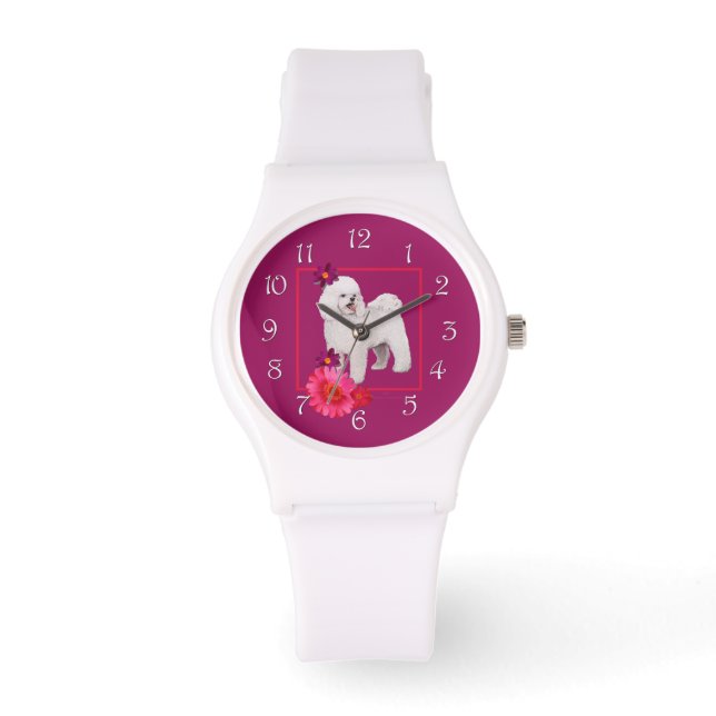 Bichon Frise Floral Fun Armbanduhr (Vorderseite)