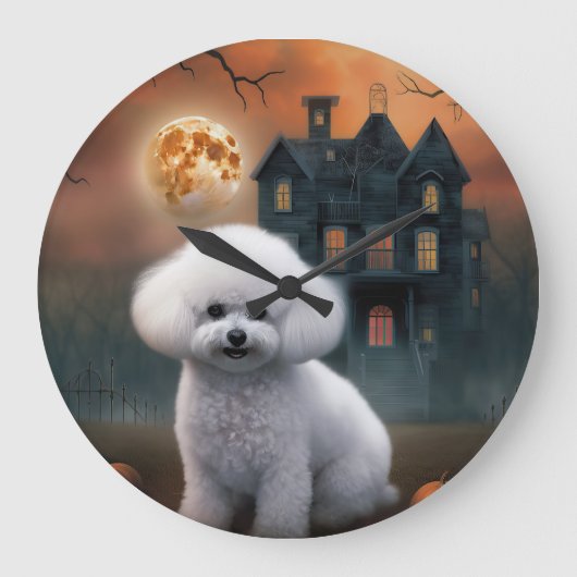 Bichon Frise Halloween Beängstigend Große Wanduhr (Vorderseite)