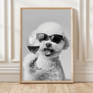 Bichon Frise hält Wein Wandkunst, Schwarz und Weiß Poster