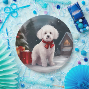 Bichon Frise Hund im Schnee Weihnachten  Pappteller