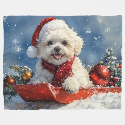 Bichon Frise Hund in Sledge Let it Schnee Weihnach Fleecedecke (Vorderseite (Horizontal))