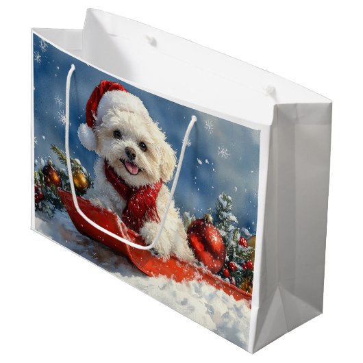 Bichon Frise Hund in Sledge Let it Schnee Weihnach Große Geschenktüte (Vorderseite Schrägansicht)