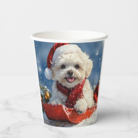 Bichon Frise Hund in Sledge Let it Schnee Weihnach Pappbecher (Rückseite)
