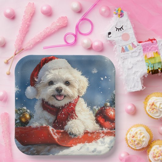 Bichon Frise Hund in Sledge Let it Schnee Weihnach Pappteller (Party)