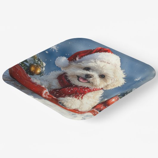 Bichon Frise Hund in Sledge Let it Schnee Weihnach Pappteller (Gewinkelt)