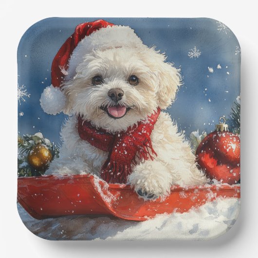 Bichon Frise Hund in Sledge Let it Schnee Weihnach Pappteller (Vorderseite)