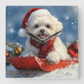 Bichon Frise Hund in Sledge Let it Schnee Weihnach Quadratische Wanduhr (Vorderseite)