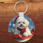 Bichon Frise Hund in Sledge Let it Schnee Weihnach Schlüsselanhänger (Vorderseite)