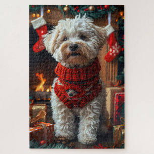 Bichon Frise Hund mit Weihnachtsgeschenken Feuerpl Puzzle