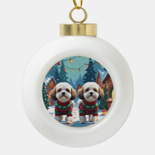 Bichon Frise Hunde Weihnachten Schnee Feiertag Keramik Kugel-Ornament