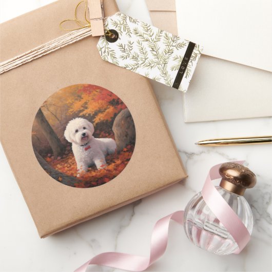 Bichon Frise in Herbstleaves Fall Inspiriert Runder Aufkleber (Schenken)
