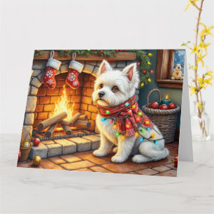 Bichon Frise Kamin mit Weihnachtslichtern Karte