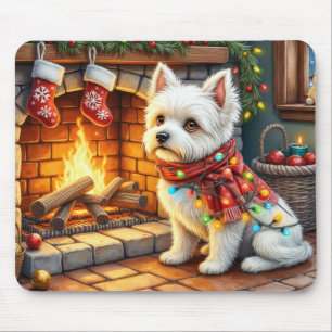 Bichon Frise Kamin mit Weihnachtslichtern Mousepad