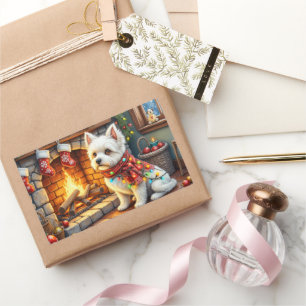 Bichon Frise Kamin mit Weihnachtslichtern Rechteckiger Aufkleber