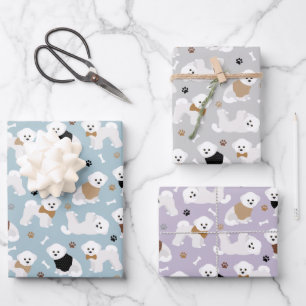 Bichon Frise Knochen und Paws Grau Blau Lila Geschenkpapier Set