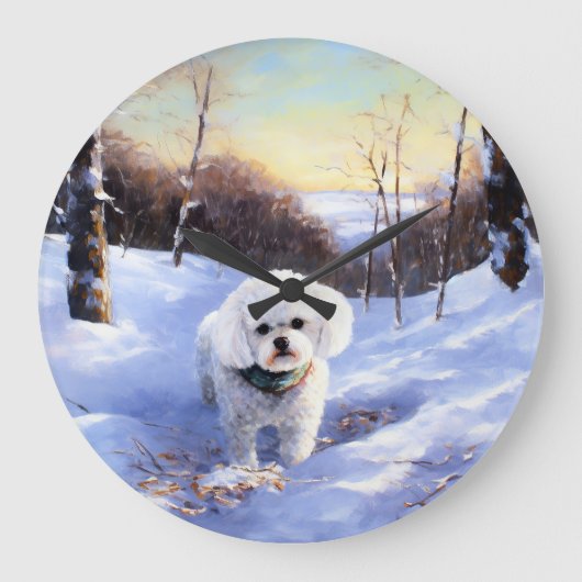 Bichon Frise lässt es Weihnachten schnee Große Wanduhr (Vorderseite)