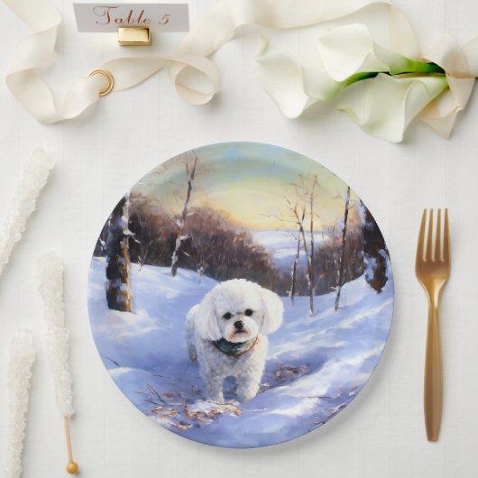 Bichon Frise lässt es Weihnachten schnee Pappteller (Hochzeit)