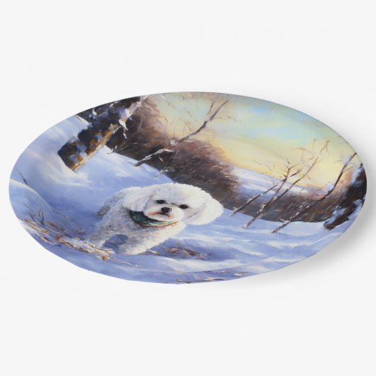 Bichon Frise lässt es Weihnachten schnee Pappteller (Schrägansicht)