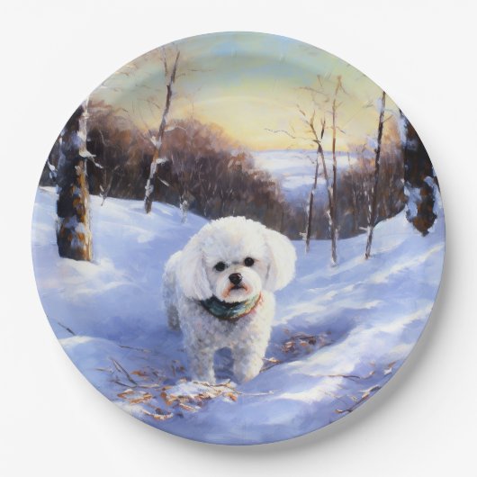 Bichon Frise lässt es Weihnachten schnee Pappteller (Vorderseite)
