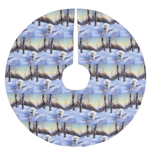 Bichon Frise lässt es Weihnachten schnee Polyester Weihnachtsbaumdecke (Vorderseite)